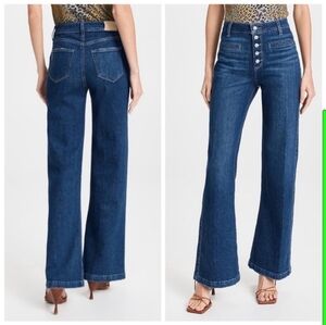 NWT 34P Paige Leenah High Rise Button Fly Wide Leg Retro Stretch Denim Jeans